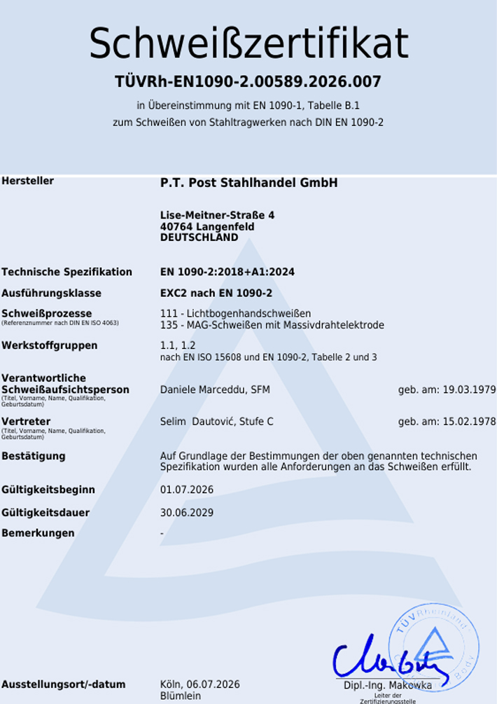 Zertifikat nach DIN EN 1090-1